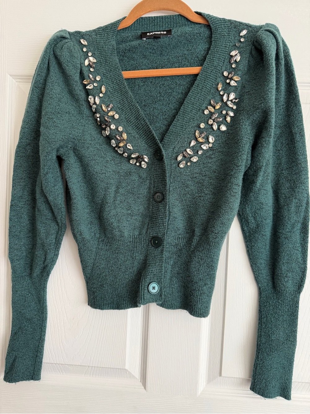 Express Teal Jeweled V-Neck Cardigan
